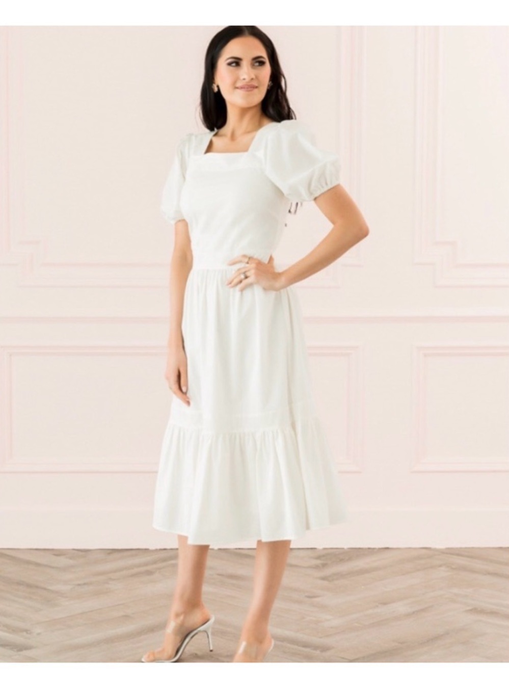 Rachel Parcell White Square-Neck Puff-Sleeve Midi Dress